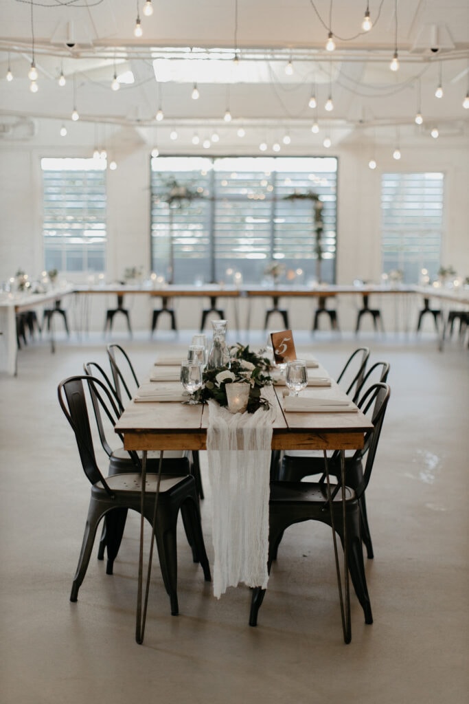 A modern wedding reception setup at Upstairs Atlanta wedding venue.